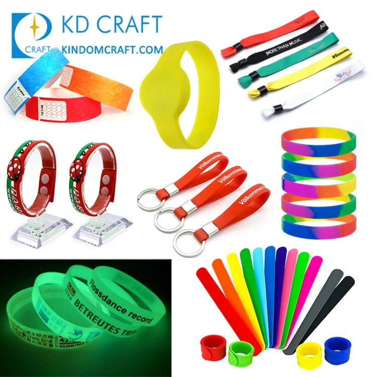 Customized Logo Thermal Woven Festival Elastic Fabric Paper Vinyl Tyvek Event Bracelet PVC Slap Rubber Keychain Glow Silicone RFID Gift Promotional Wristband